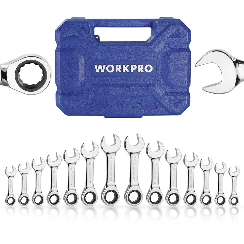 WORKPRO 14-Piece Ratcheting Stubby Combination Wrench Set