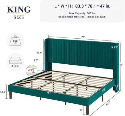 Allewie Full Size Velvet Wingback Bed  Channel-Tufted Upholstered Frame with Vertical Headboard