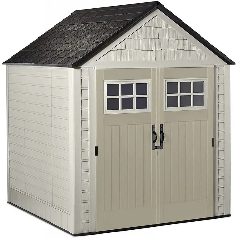 Rubbermaid 7′ x 7′ Outdoor Storage Shed  Weatherproof Resin Garden Shed with Windows & Hooks (Sand Finish)