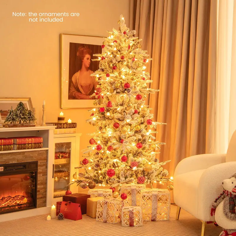 6-Foot Snow-Flocked Hinged Christmas Tree with 210 Warm-White Incandescent Bulbs