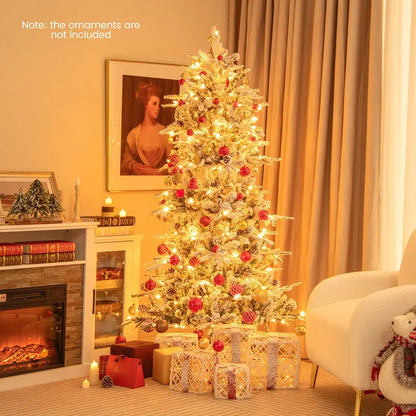 6-Foot Snow-Flocked Hinged Christmas Tree with 210 Warm-White Incandescent Bulbs