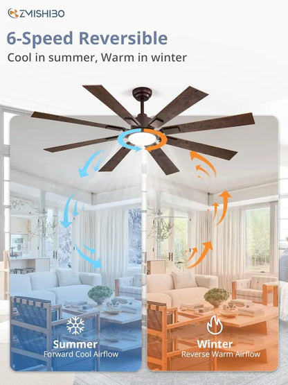 ZMISHIBO 72-Inch Dual-Finish Ceiling Fan with Integrated Light & Remote | Indoor/Outdoor Quiet DC Motor, 6-Speed Reversible, 3-CCT Adjustable Lighting, 8-Blade Modern Design