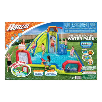 Banzai Inflatable Arcade Splash Water Park Slide W/ SkeeBall Toss, Soccer & Basketball