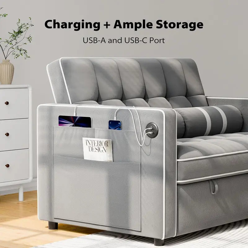 Convertible 3-in-1 Sleeper Sofa Bed  Modular Futon with Reclining Backrest, Pull-Out Mattress, and Storage Compartment