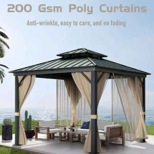 10×10 ft All-Weather Hardtop Gazebo  Double-Tier Aluminum Frame, Mesh Netting, Side Curtains, Khaki Finish