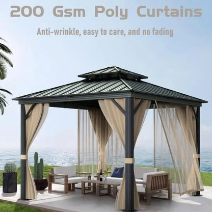 10×10 ft All-Weather Hardtop Gazebo  Double-Tier Aluminum Frame, Mesh Netting, Side Curtains, Khaki Finish