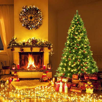 6.5-Foot Pre-Lit Christmas Tree with 1100 Branch Tips, Pine Cones & Red Berries