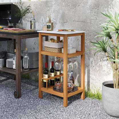 Three-Tier Patio Bar Cabinet  Faux Marble Countertop Serving Table for Outdoor Entertaining