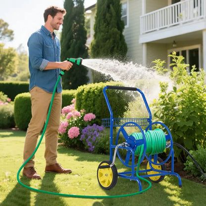 Heavy-Duty Metal Hose Cart  Dual-Wheel Design with Basket, Holds Up to 230 ft of 5/8″ Hose