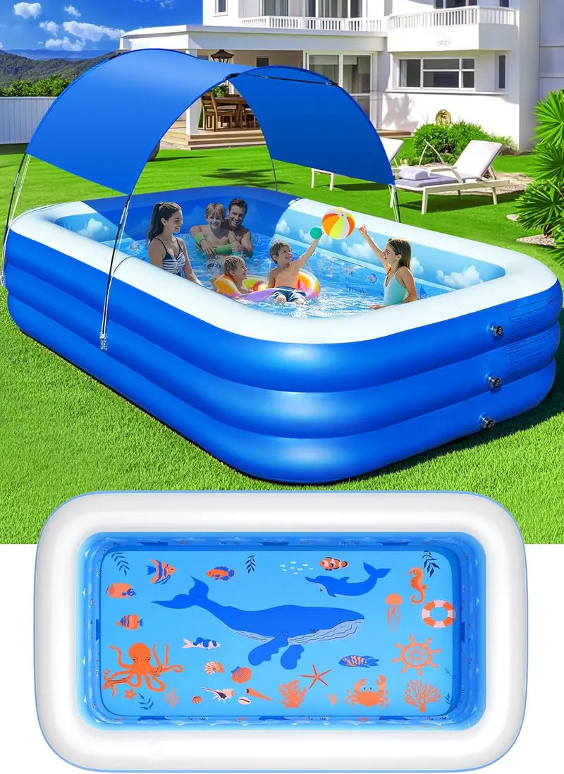 Ocean-Themed Inflatable Family Pool with Canopy  Extra-Large 105″ x 75″ x 25″, Thickened Vinyl for Kids & Adults, Backyard Swimming Pool