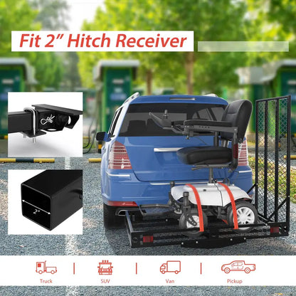 Hitch-Mount Wheelchair Carrier with Loading Ramp and Dual Secure Tie-Down Straps