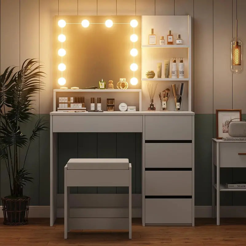 Furniouse Lighted Vanity Mirror Set with 5-Drawer Storage Table  Modern Makeup Station