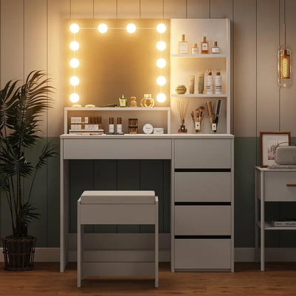 Furniouse Lighted Vanity Mirror Set with 5-Drawer Storage Table  Modern Makeup Station