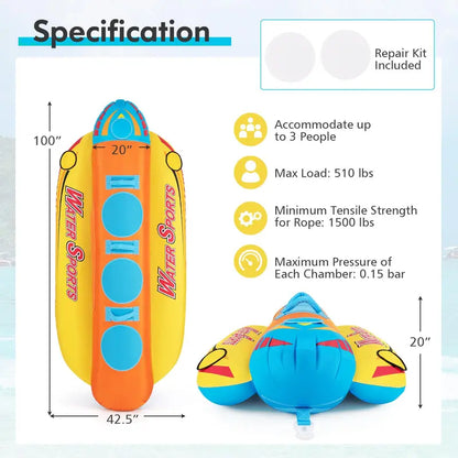 Three-Passenger Banana Towable Tube  EVA-Padded Seats for Boating and Water Sports