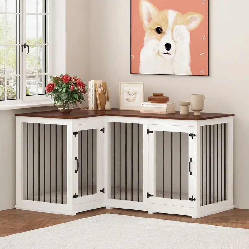 L-Shaped Corner Dog Crate Furniture  Dual-Dog Capacity, 58.7″ x 41.1″, Stylish Enclosed Design