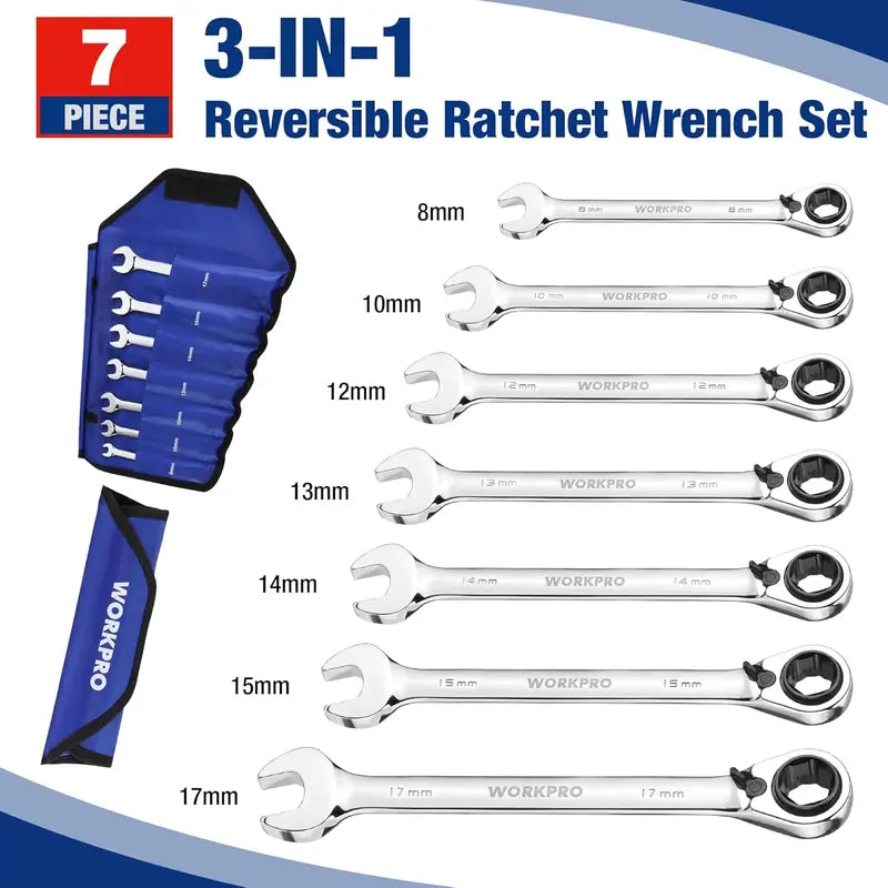 WORKPRO 7-Piece Reversible 3-in-1 Ratchet Wrench Kit