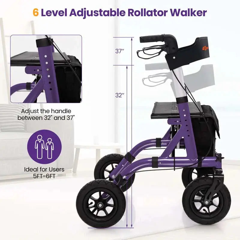 Heavy-Duty Foldable Rollator Walker  Height-Adjustable Senior Mobility Aid with Pneumatic All-Terrain Wheels & Built-in Seat