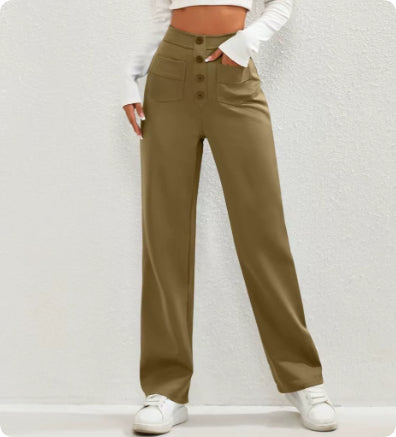 Pantalon Droit Taille Haute à Boutons