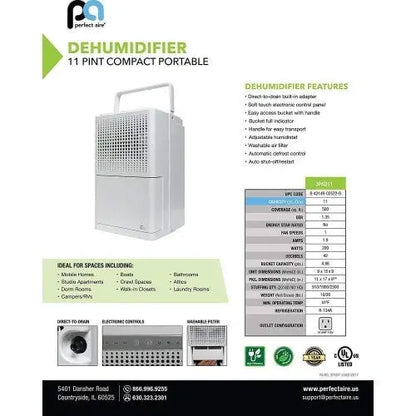 Perfect Aire 3PAD11 Dehumidifier, 11 Pint Capacity, High Efficiency, 500 Sq. Ft. Coverage