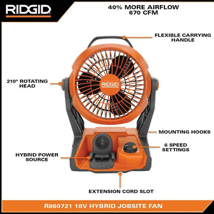 RIDGID 18V Cordless Hybrid Jobsite Fan with (2) 4.0 Ah Batteries, Charger, and Bag R860721B-AC93044SBN