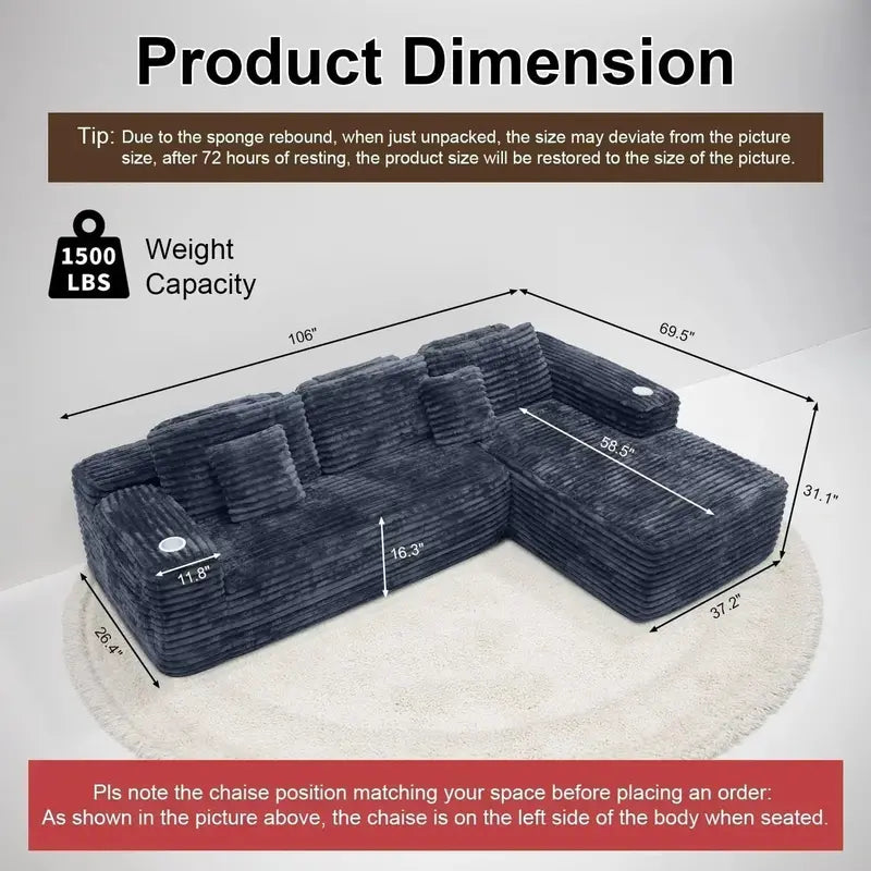 L-Shaped Cloud Sectional Sofa: Reclining Modular Design with Built-In Cup Holders & Plush Seating