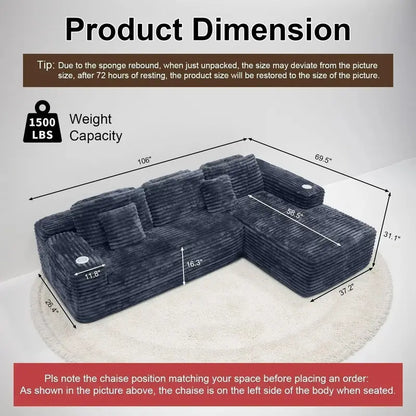 L-Shaped Cloud Sectional Sofa: Reclining Modular Design with Built-In Cup Holders & Plush Seating