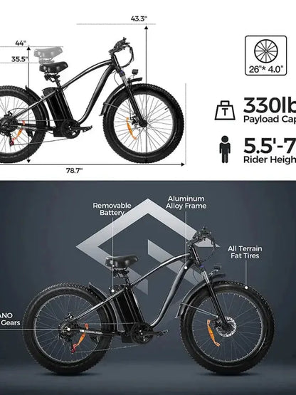 48V/15Ah Lithium-Powered Electric Mountain Bike  Matte Black Frame