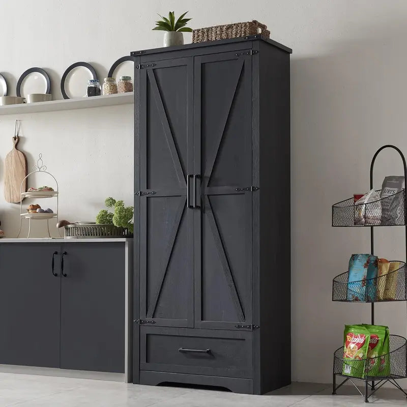 JXQTLINGMU Farmhouse Pantry Cabinet  72-Inch Tall Wood Storage Unit with Barn Doors, Drawer, and Adjustable Shelves