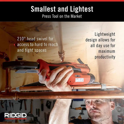 RIDGID RP 115 Mini Press Tool Kit for 1/2 in.  3/4 in. Copper &amp; Stainless Fittings with 12V Li-Ion Battery (Includes 6 Items) 72553