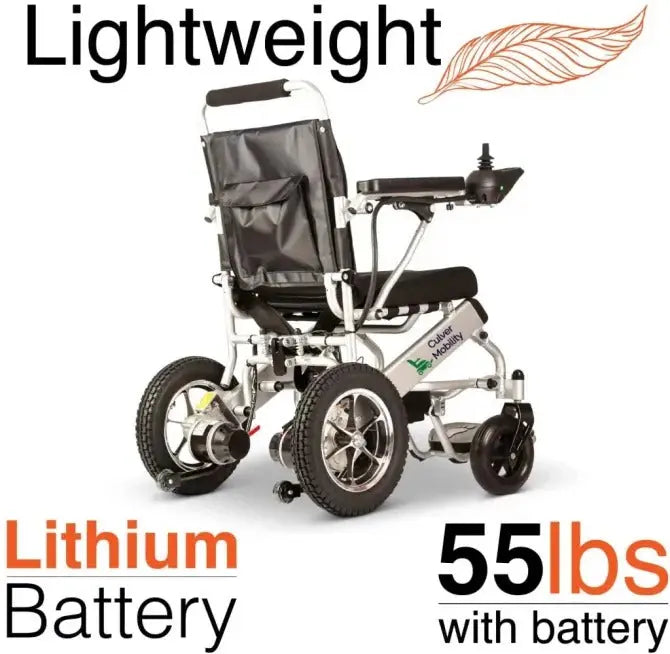 Culver Mobility Foldable Power Wheelchair  FAA-Approved Lightweight Electric Scooter for Travel (Silver, 17.5″ Seat Width)
