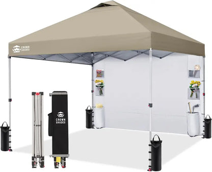 CROWN SHADES 10′ x 10′ Pop-Up Canopy: One-Touch Setup with Center-Lock Mechanism, Integrated Sidewall Pockets, and Portable Beach or Camping Shelter