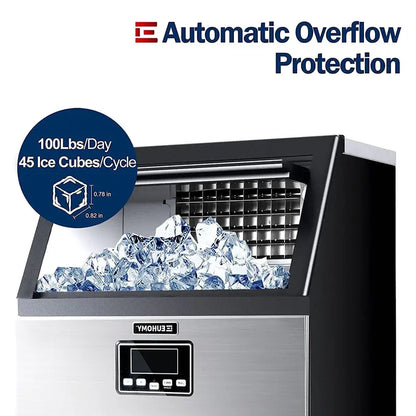 Euhomy Commercial Undercounter Ice Maker  100-Lb/Day Stainless Steel Unit with Dual Water Inlets