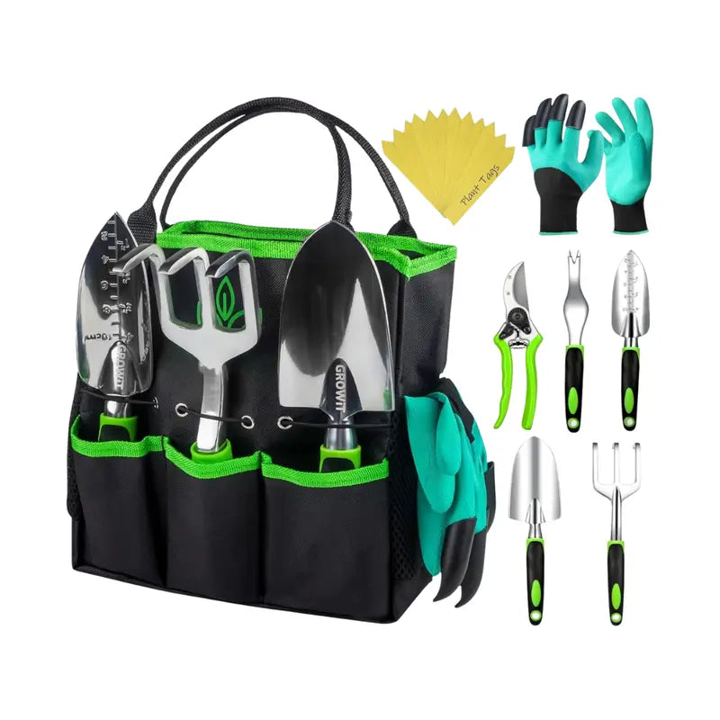 Ergonomic Garden Tool Kit with Comfort Handles, Organizer Tote, and Plant Markers