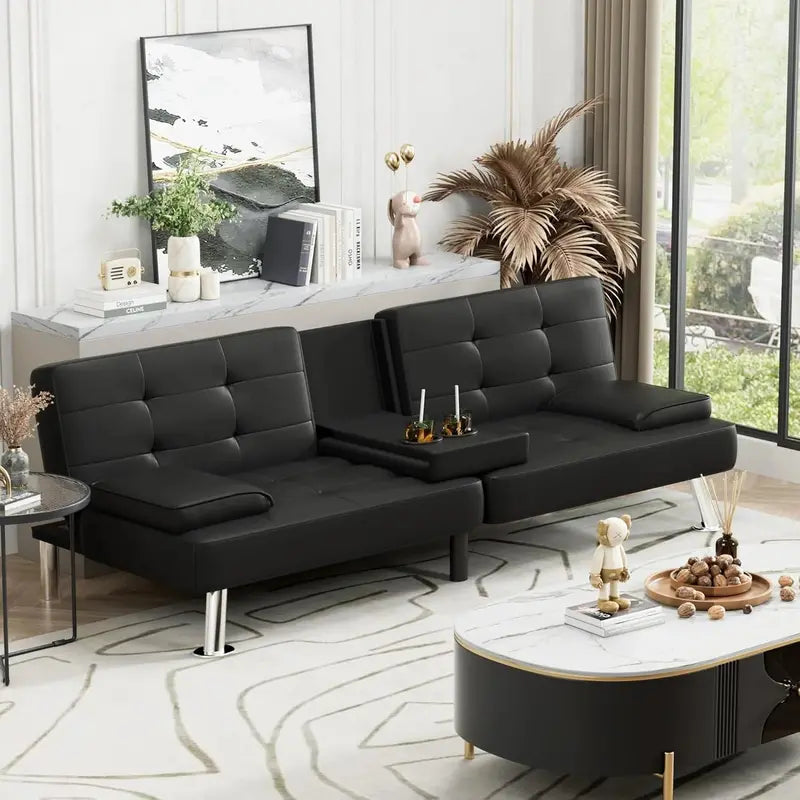Leather Futon Sofa Bed with Removable Armrests, Reclining Sleeper Function & Dual Cup Holders  Black Modern Design