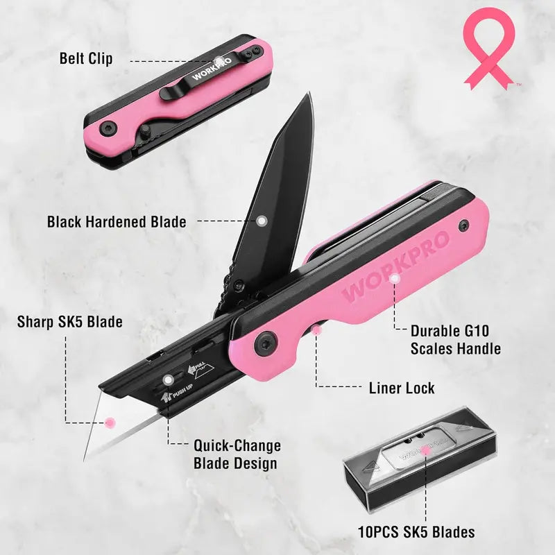 WORKPRO 2-in-1 Folding Utility Knife  Quick-Change Box Cutter with G10 Handle & 10 Blades