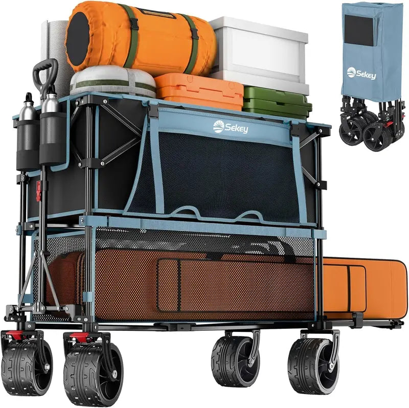 50″ Extended Double-Decker Wagon  Brake-Equipped 500 lb Folding Utility Cart with Extra-Long Frame