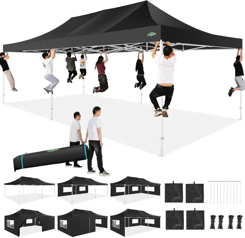 COBIZI Heavy-Duty 10×20 FT Pop-Up Canopy Tent  6 Wind-Resistant Sidewalls, Black Frame, Roller Bag