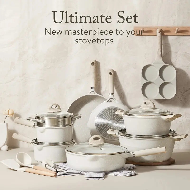 Carote 21-Piece Granite-Coated Nonstick Cookware Set — Eco-Friendly, Induction-Ready, Beige Finish