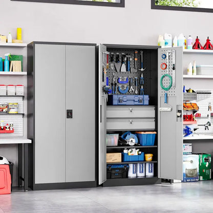 Yizosh Heavy-Gauge Locking Garage Cabinet  71-Inch Steel Tool Storage with Pegboard, Two Drawers, and Reinforced Doors