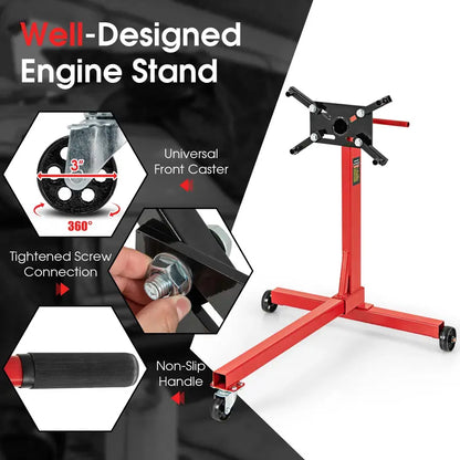 Precision Engine Stand  750 lb Motor Lift with 360° Rotation, Adjustable Arms & Mobility Wheels