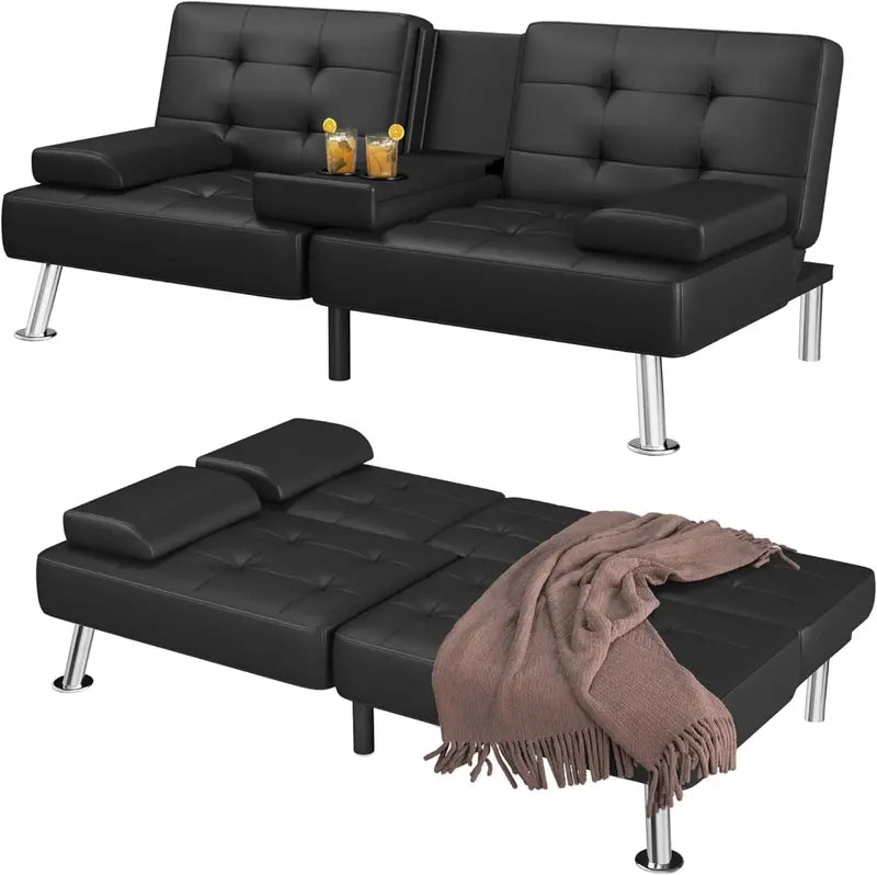 Modern Convertible Futon Sofa Bed with Cup Holders & Removable Armrests  Compact Black Artificial Leather Lounge for Small Living Spaces