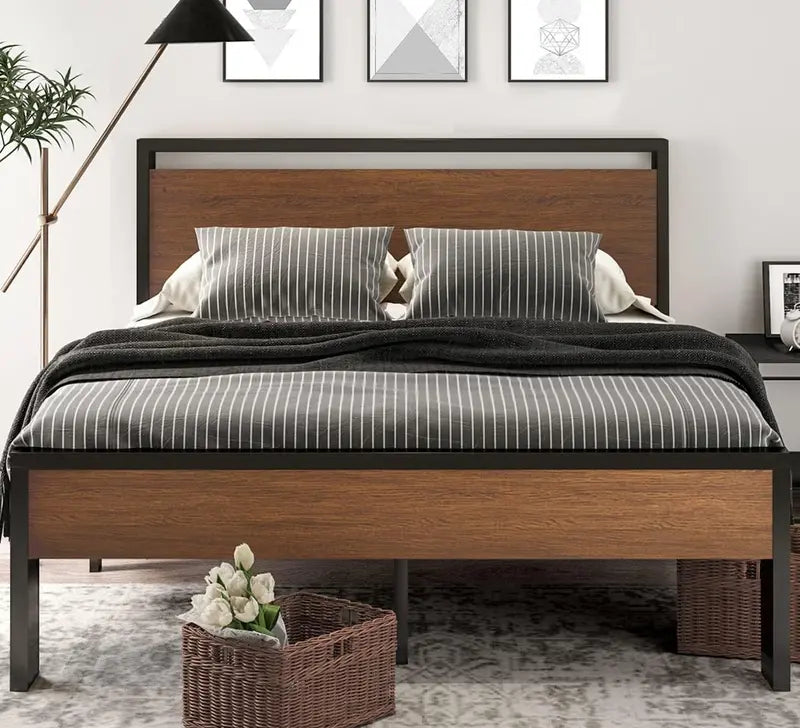 SHA CERLIN Queen Metal Platform Bed  14-Inch Frame with Wooden Headboard &amp; Footboard