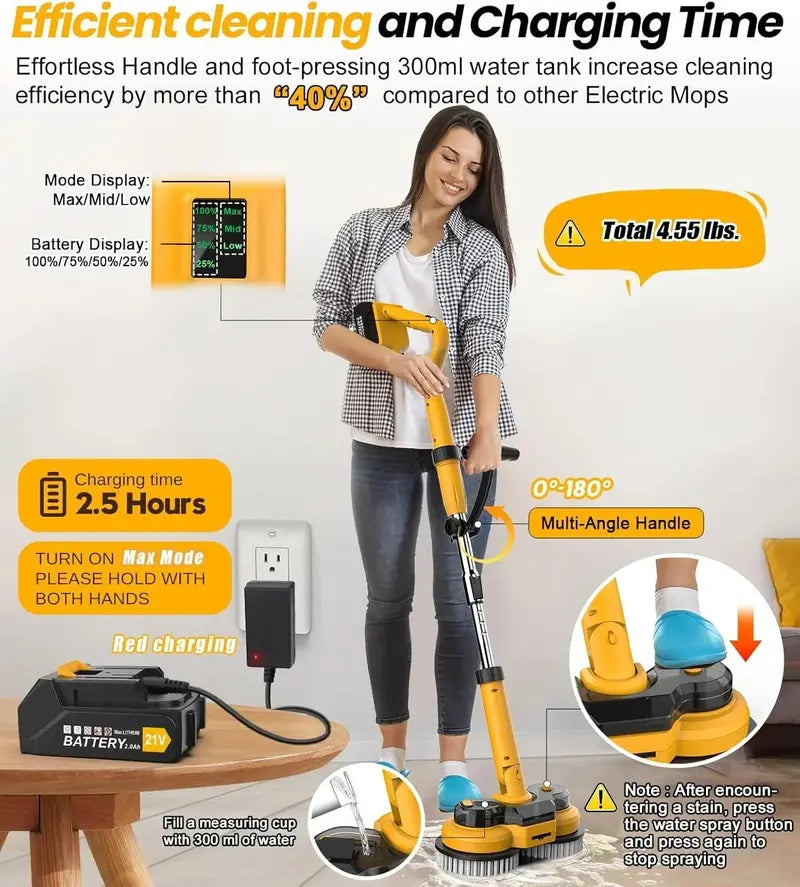 6000mAh Cordless Electric Mop M1  800RPM Power Scrubber with LED Display, Spray Function & Rotating Head