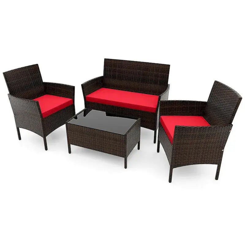 Costway 4-Piece Patio Furniture Set  Tempered Glass Table with Washable Seat Cushions