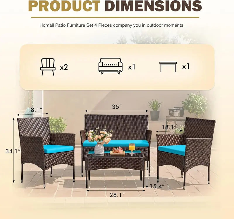 Homall Rattan Patio Furniture Set  4-Piece Indoor/Outdoor Wicker Chairs with Brown & Beige Cushions
