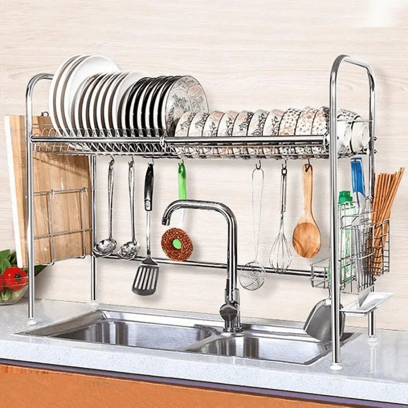 Premium Stainless Steel Over-the-Sink 2-Tier Dish Drying Rack with Adjustable Width and Utensil Hooks