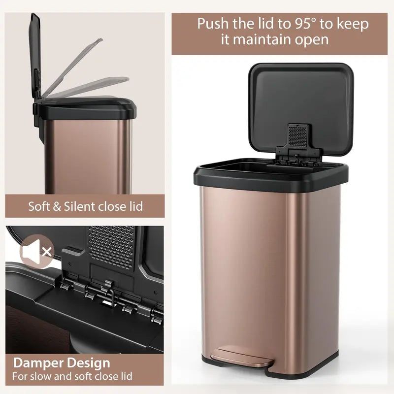 13-Gallon Stainless Steel Trash Can  Soft-Close Lid, Foot Pedal & Odor Control