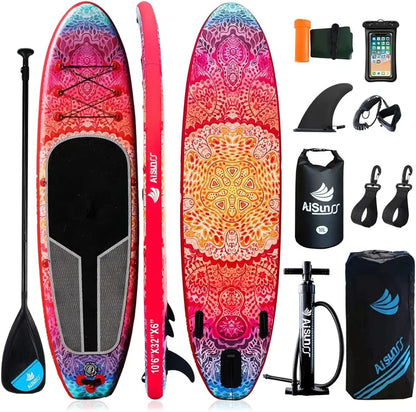 Wide Inflatable SUP Board Bundle  Comes with Carry Bag, Hand Pump, 10L Dry Bag & Height-Adjustable Paddle