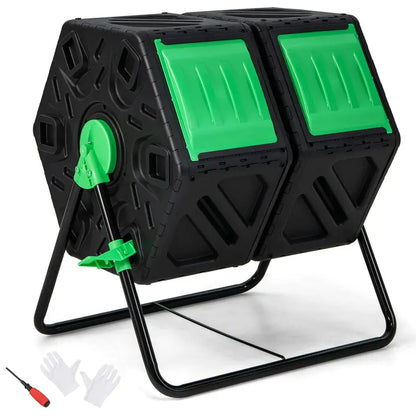 Dual-Chamber Compost Tumbler, 34.5-Gallon Rotating Bin with Independent Composting Compartments