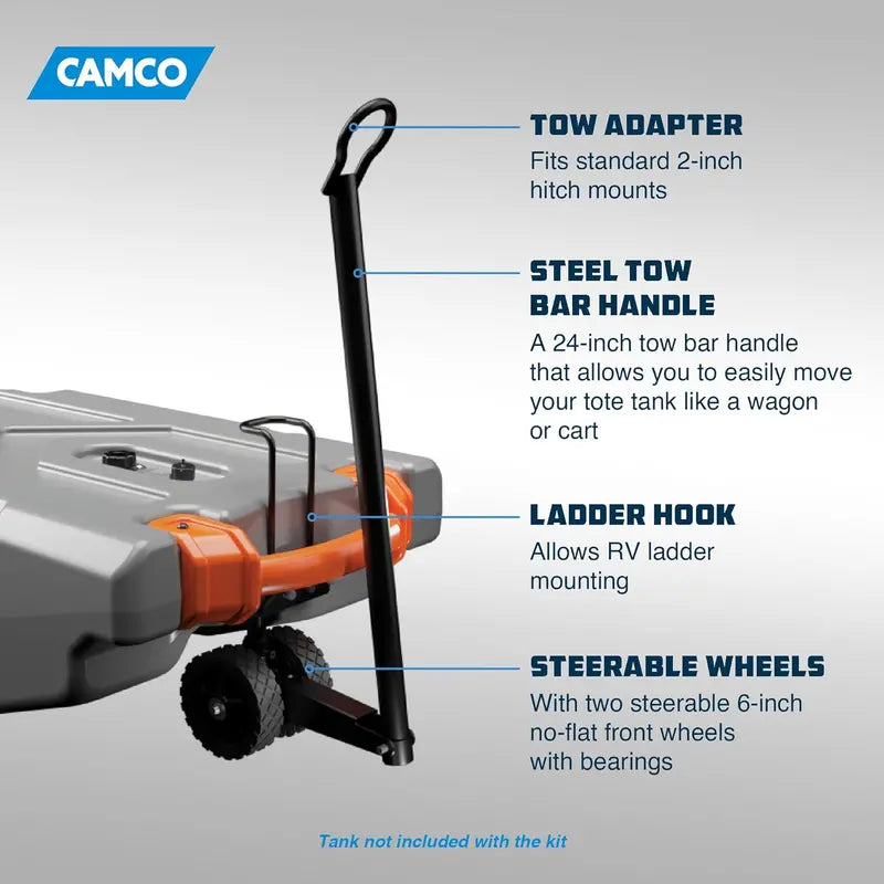 Camco Rhino Steerable Wheel Kit for 28/36-Gallon RV Tote Tanks  No-Flat Wheels & 24″ Tow Bar